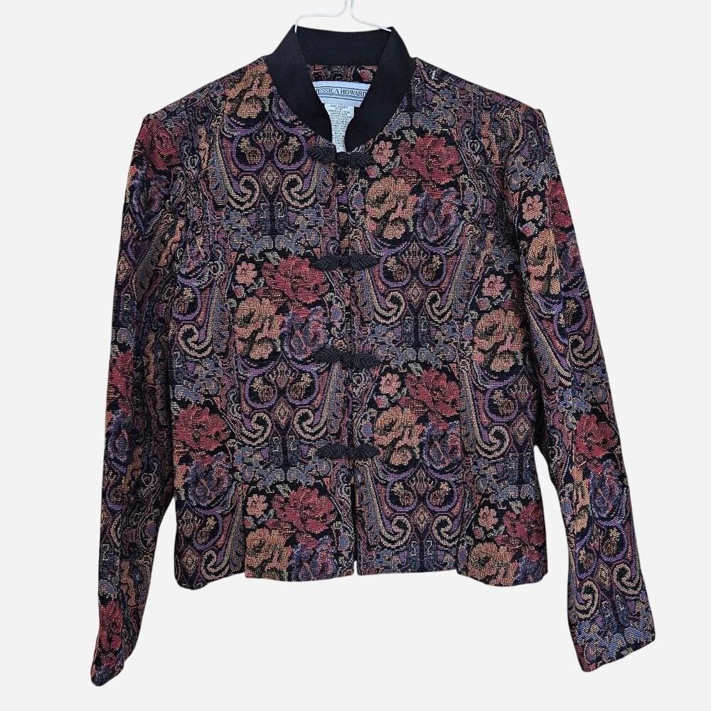 90s whimsigoth boho floral tapestry jacket with knot and loop closure
